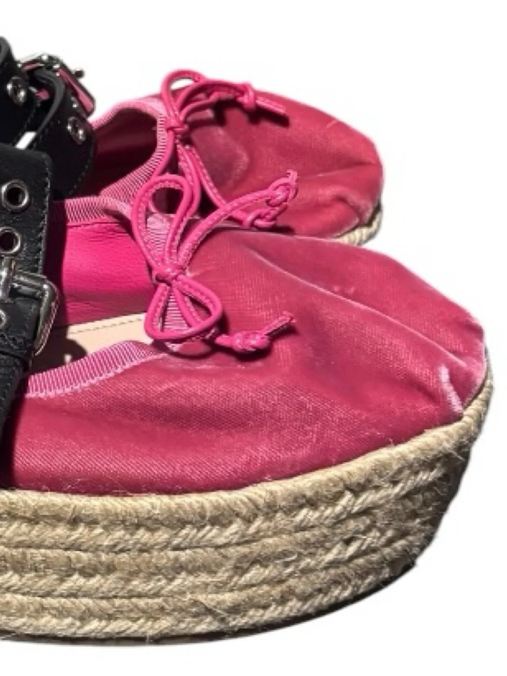 Miu Miu Pink Velvet Platform Double Buckle Espadrille Ballet Shoes